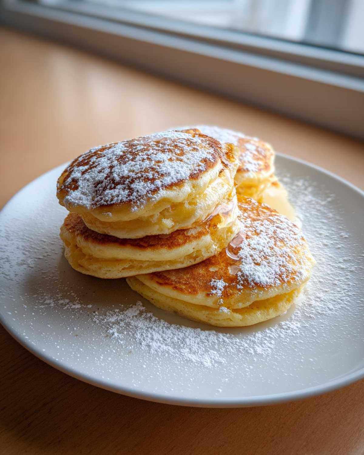 A tall stack of Fluffy Lemon Ricotta Pancakes dusted heavily with powdered sugar and drizzled with syrup.