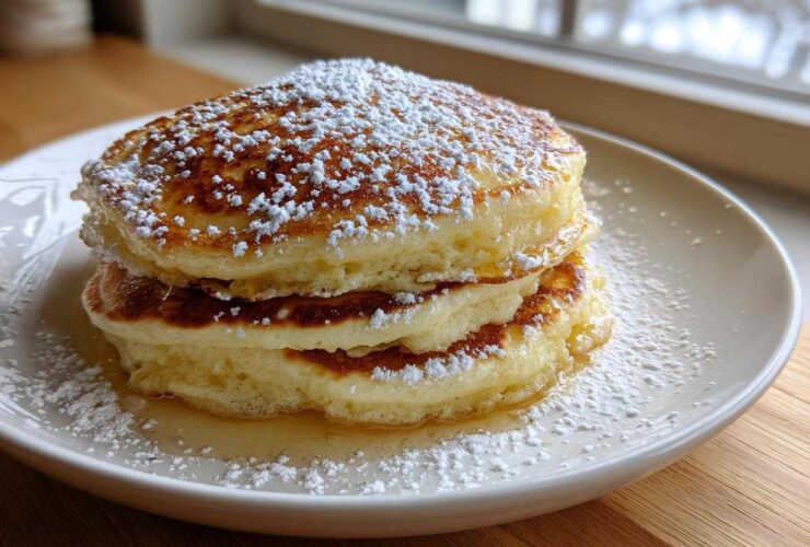 A stack of three thick, fluffy Lemon Ricotta Pancakes drizzled with syrup and dusted heavily with powdered sugar.