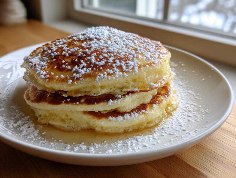 A stack of three thick, fluffy Lemon Ricotta Pancakes drizzled with syrup and dusted heavily with powdered sugar.