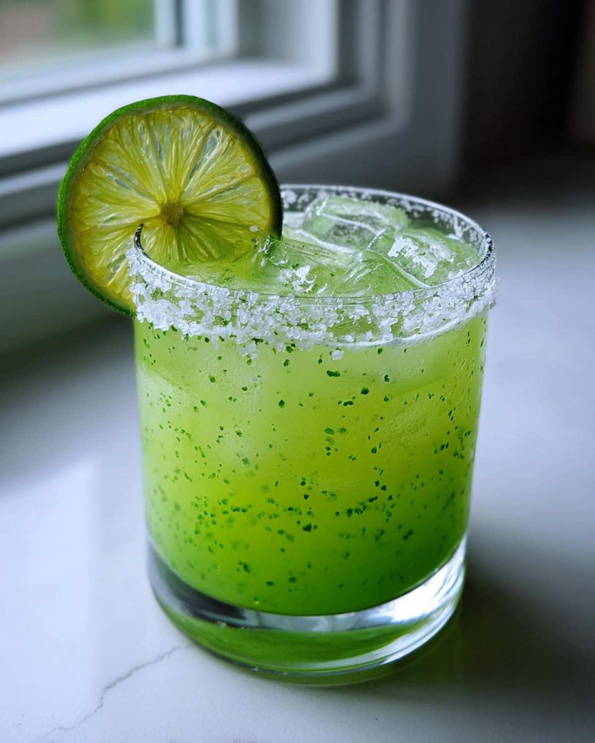 A bright green Fresh Jalapeño Lime Margarita served over ice, garnished with a lime wheel and a salt rim.
