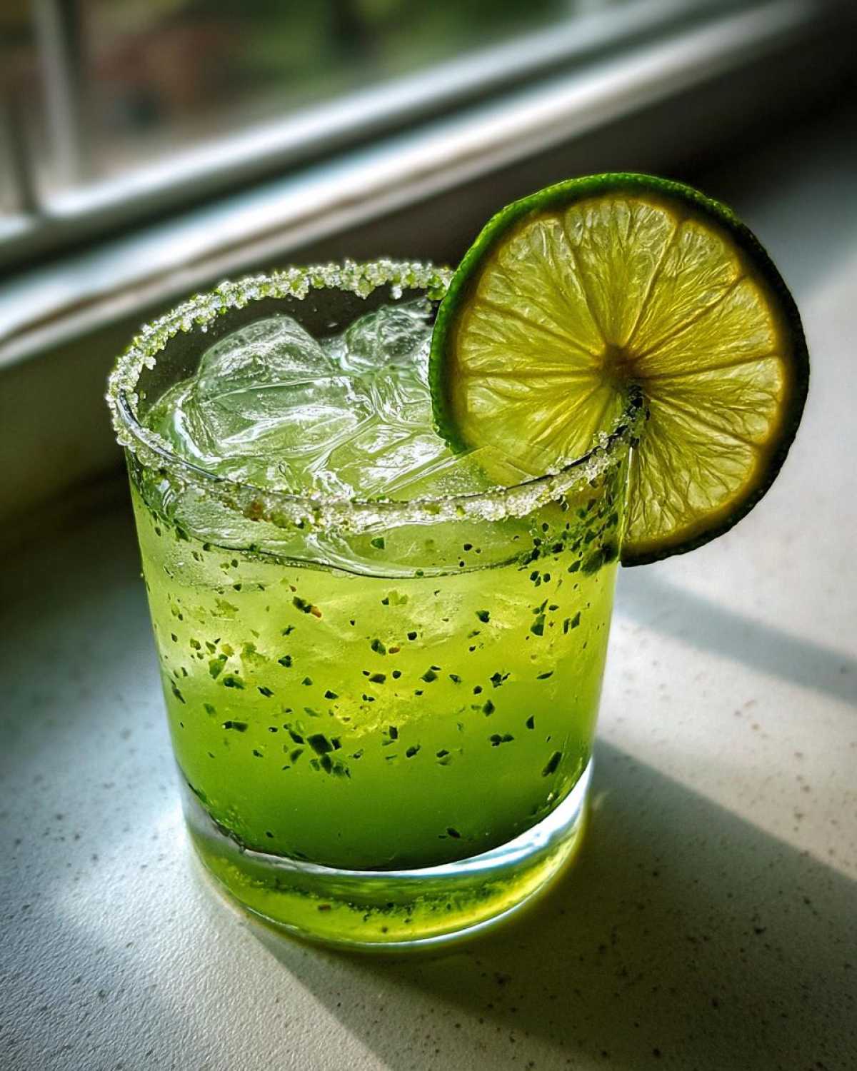 Close-up of a vibrant green Fresh Jalapeño Lime Margarita with ice, a salt rim, and a lime wheel garnish.