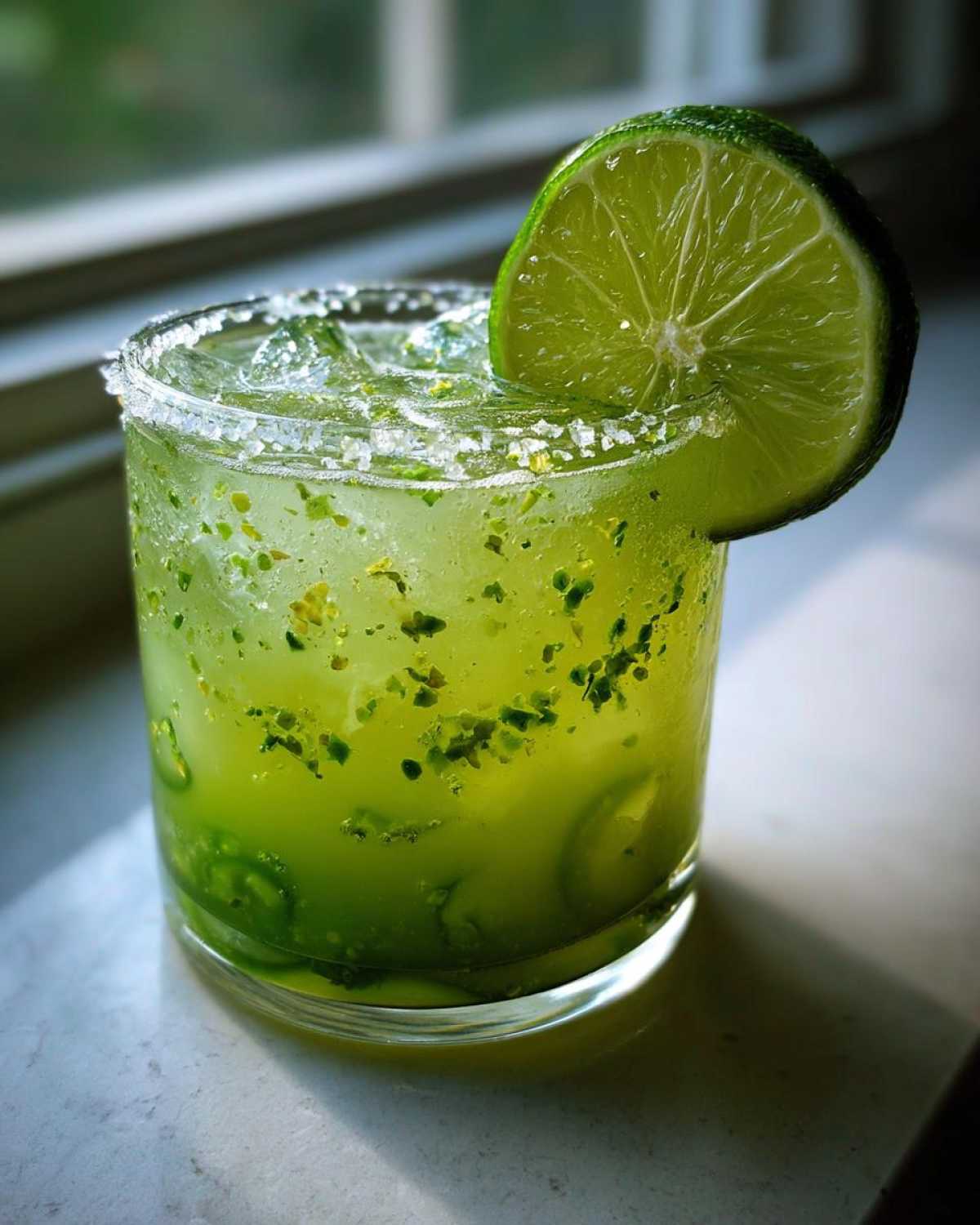 Close-up of a vibrant green Fresh Jalapeño Lime Margarita with a salt rim and lime wheel garnish.