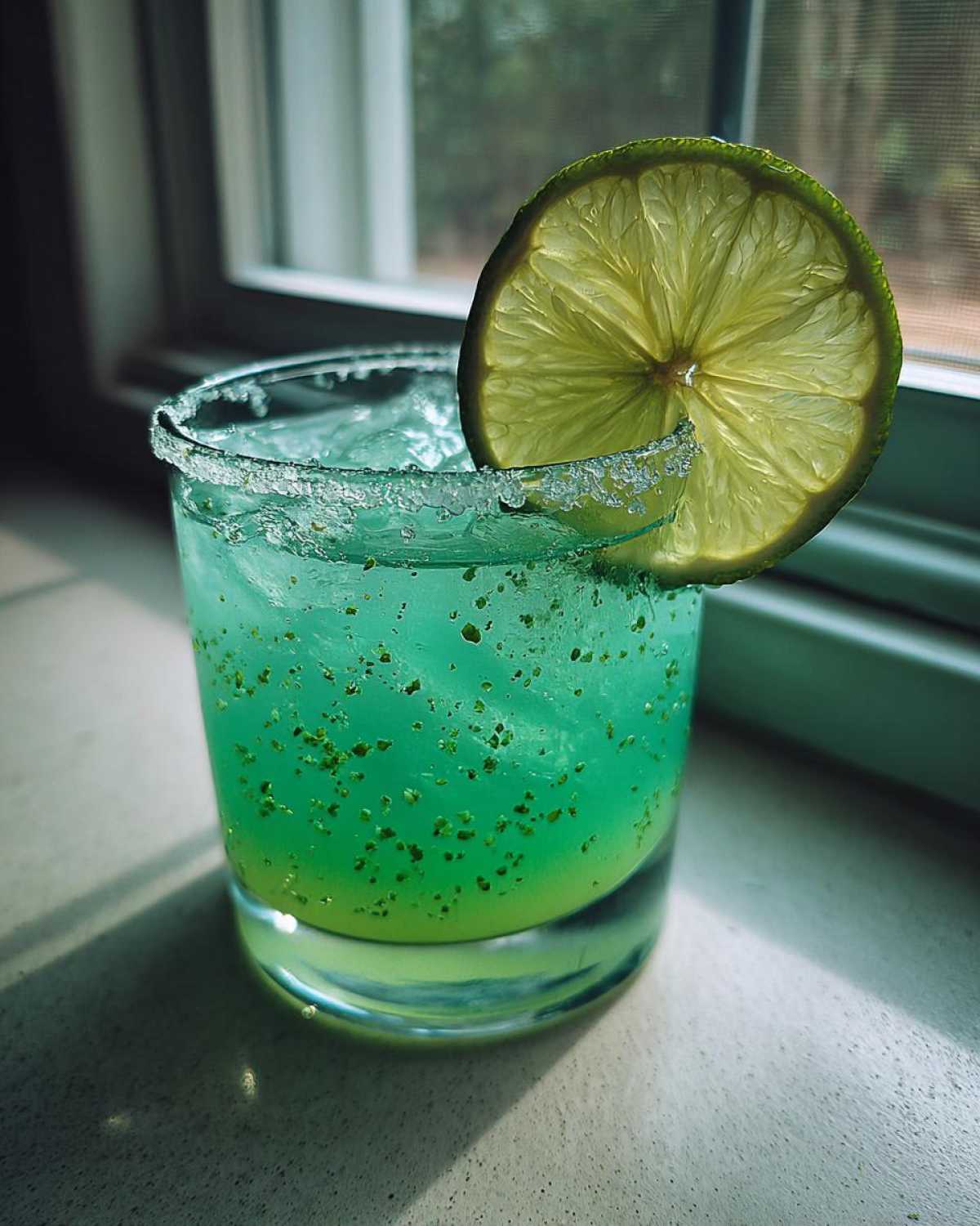A bright green Fresh Jalapeño Lime Margarita in a glass with a salted rim and lime wheel garnish.