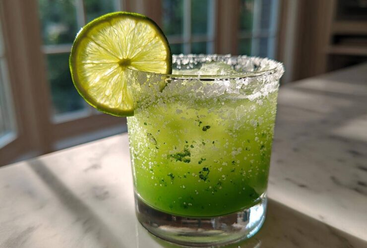 A vibrant green Fresh Jalapeño Lime Margarita served in a rocks glass with a thick salt rim and a backlit lime wheel garnish.
