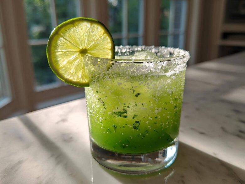 A vibrant green Fresh Jalapeño Lime Margarita served in a rocks glass with a thick salt rim and a backlit lime wheel garnish.