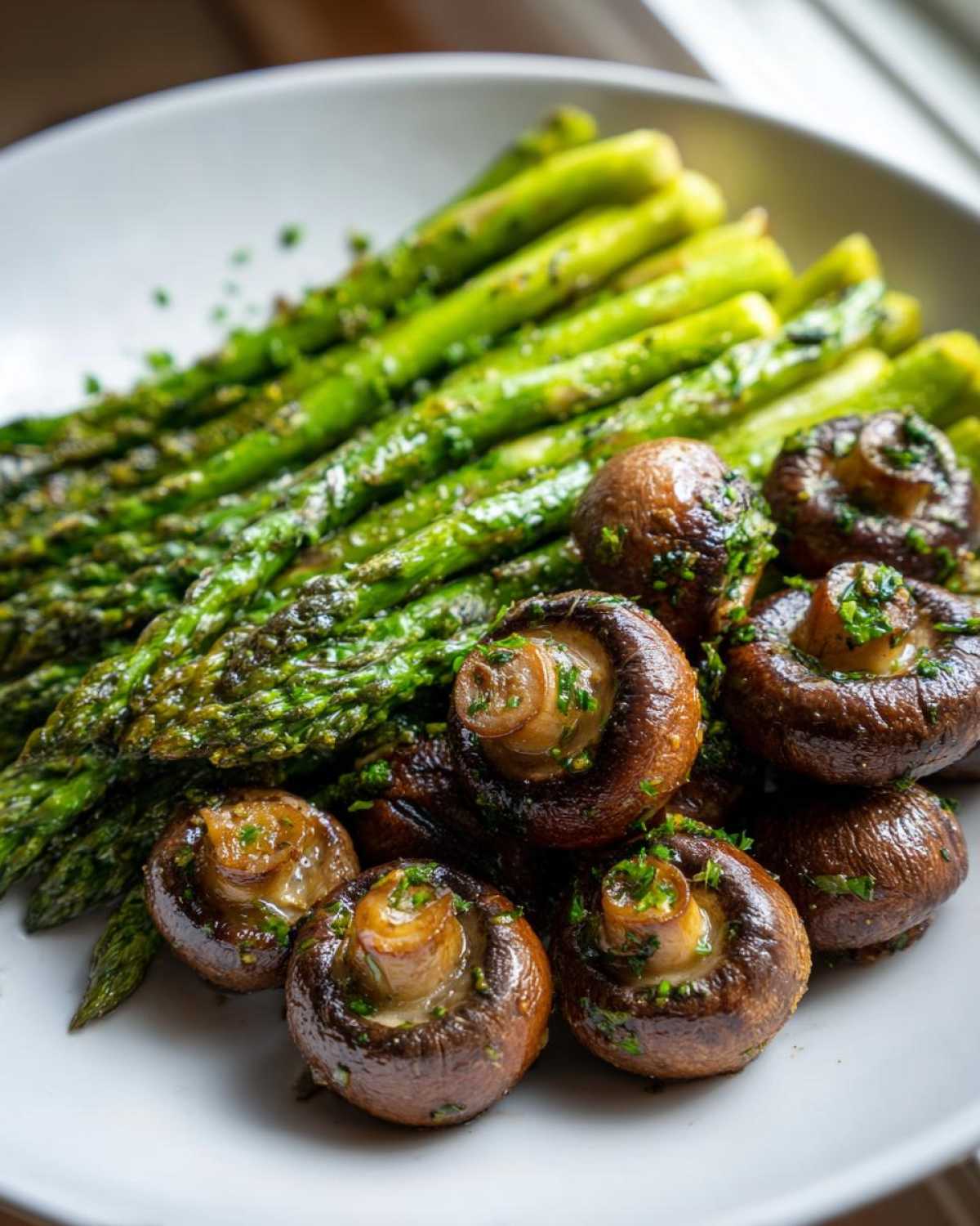 Close-up of roasted asparagus spears and whole mushrooms coated in garlic butter and parsley.