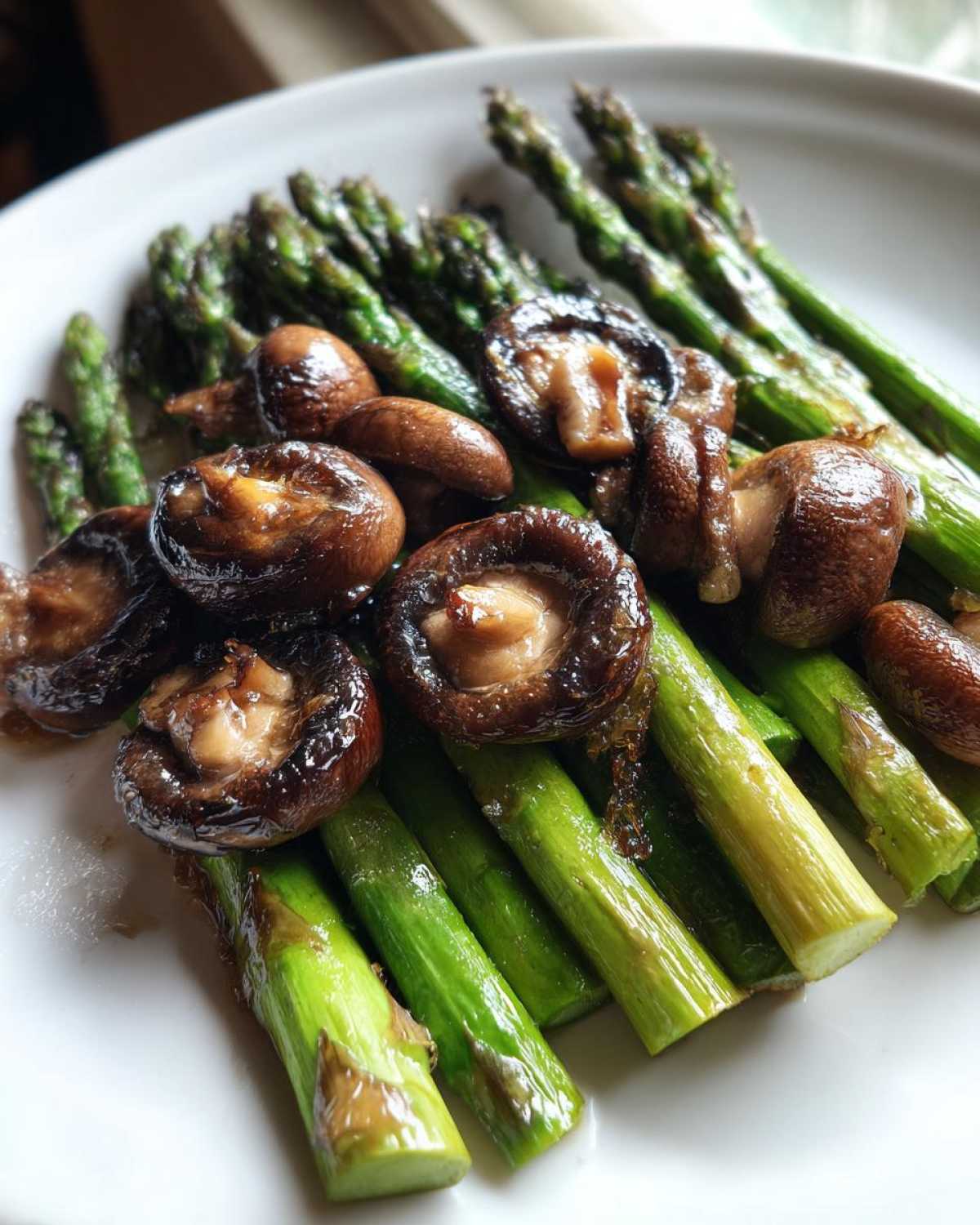 Close-up of bright green roasted asparagus spears topped with glossy, browned shiitake mushrooms.