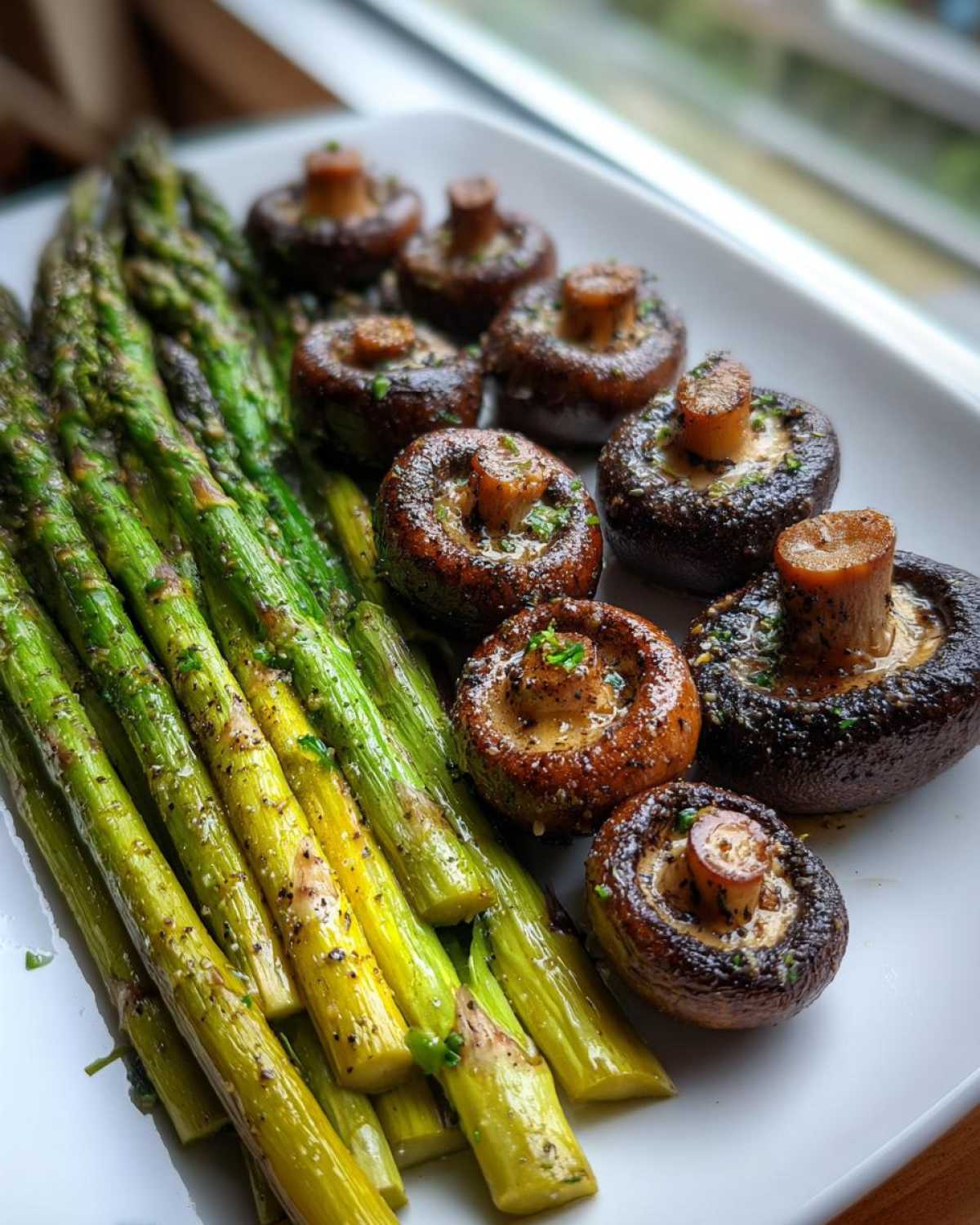 Roasted asparagus spears next to glistening, whole roasted mushrooms seasoned for Garlic Butter Roasted Asparagus and Mushrooms.