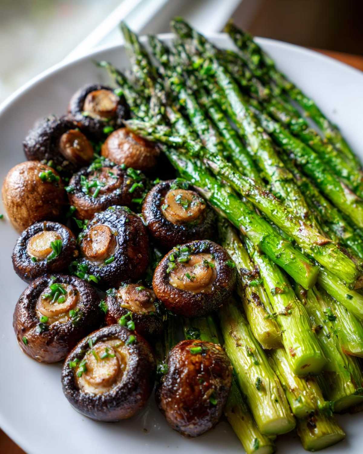 A platter of roasted asparagus spears next to whole roasted mushrooms seasoned with chives, featuring Garlic Butter Roasted Asparagus and Mushrooms.