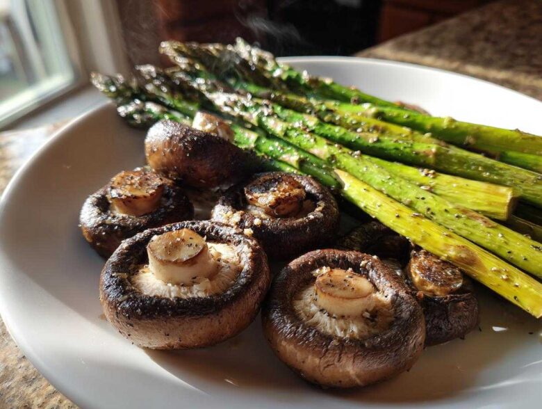 Close-up of freshly roasted Garlic Butter Roasted Asparagus and mushrooms steaming on a white plate.