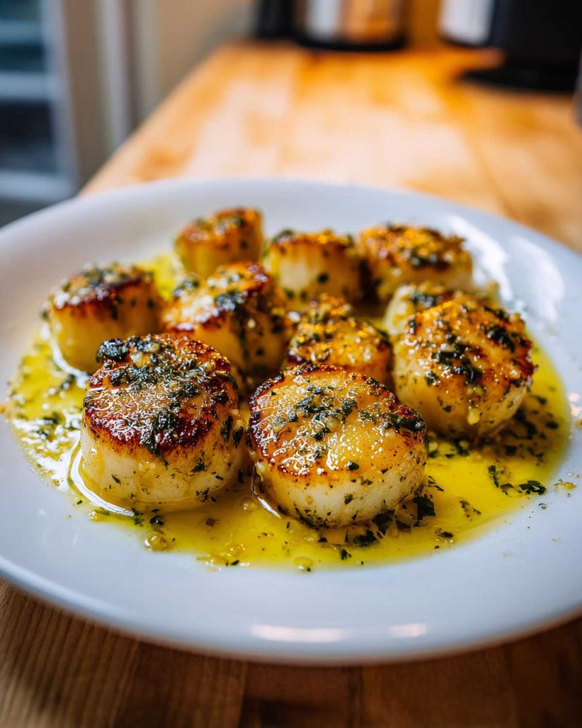 Close-up of seared Garlic Butter Scallops with Lemon swimming in rich butter sauce on a white plate.