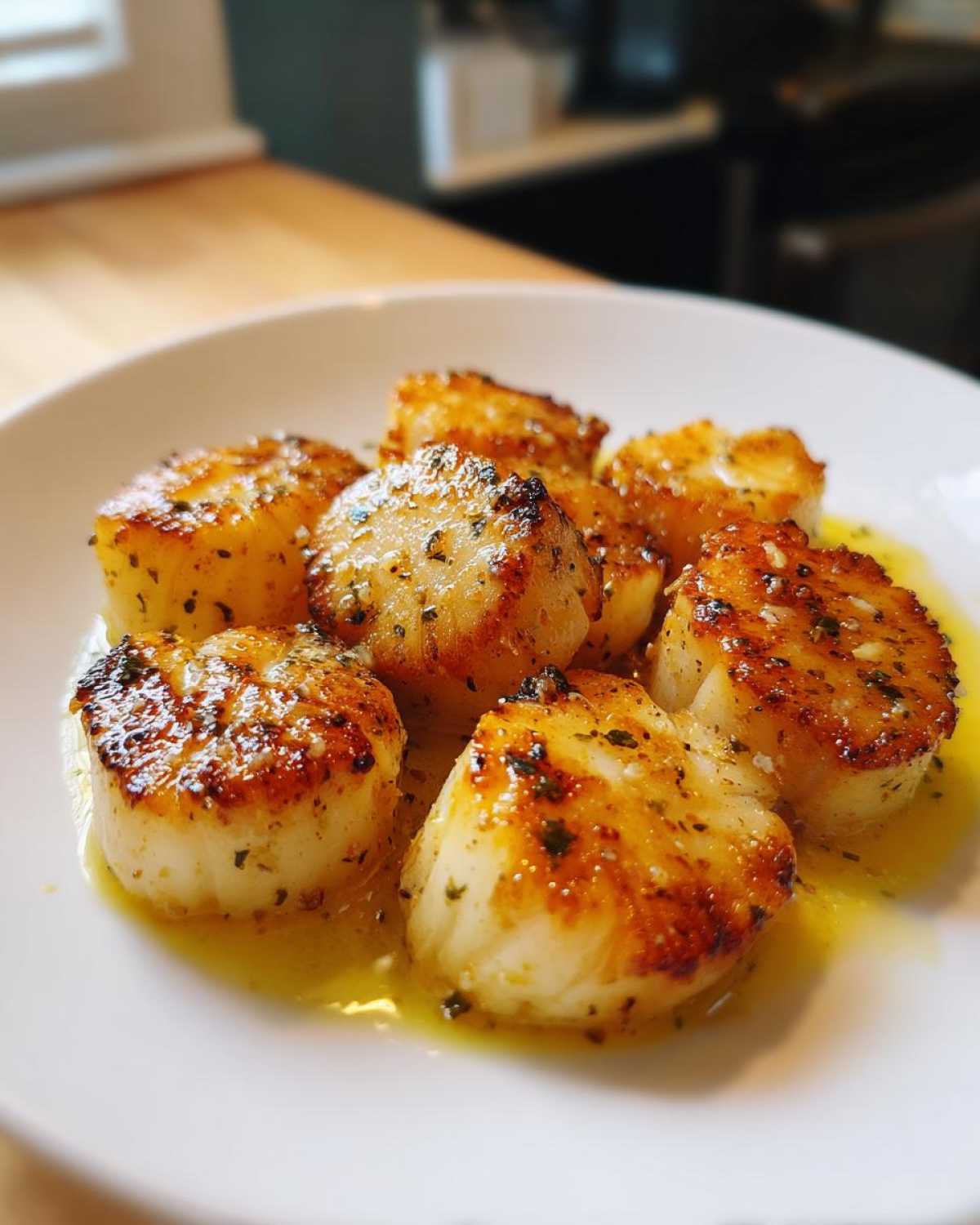 Close-up of perfectly seared Garlic Butter Scallops with Lemon sauce on a white plate.