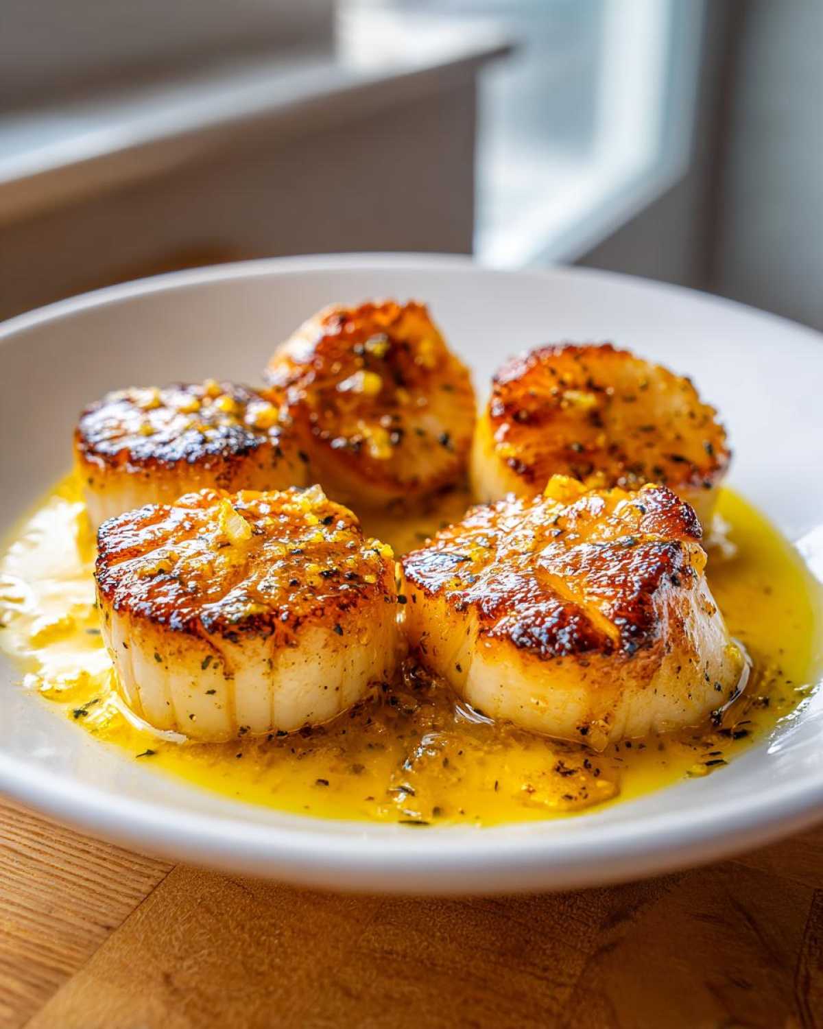 Close-up of seared Garlic Butter Scallops with Lemon sauce pooled in a white bowl.