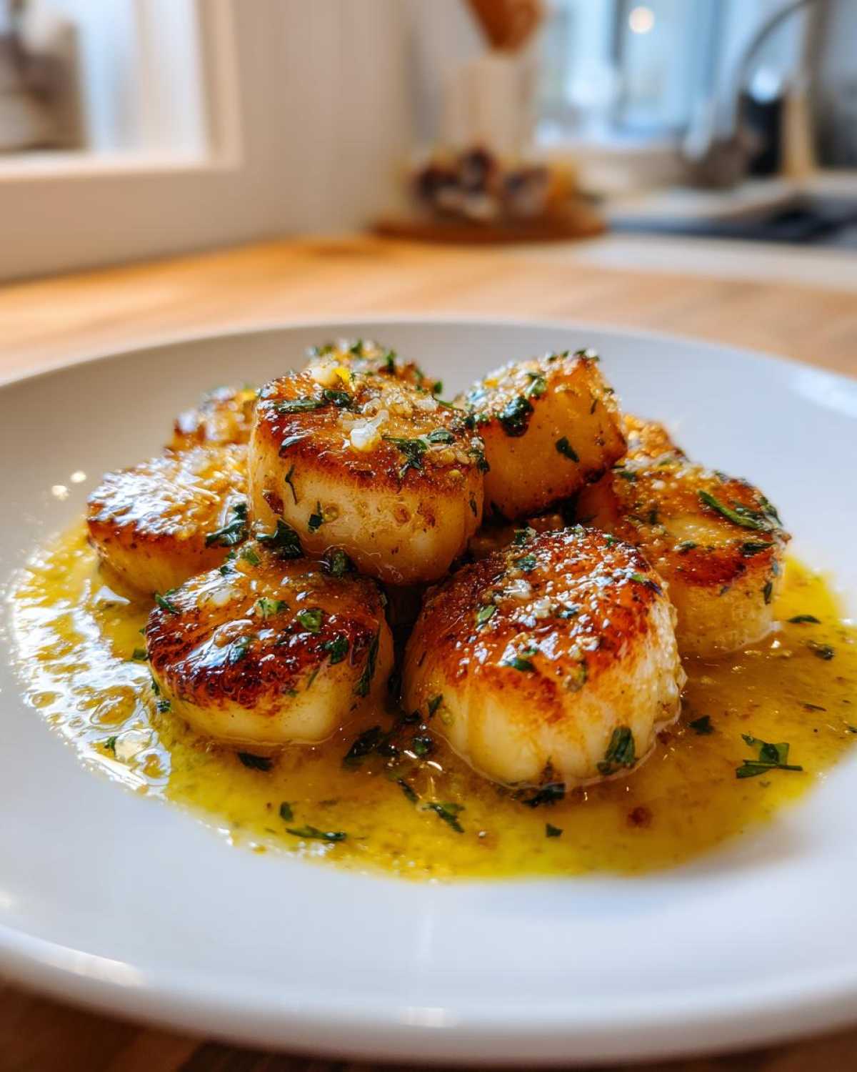A close-up of perfectly seared Garlic Butter Scallops with Lemon sauce and fresh parsley.