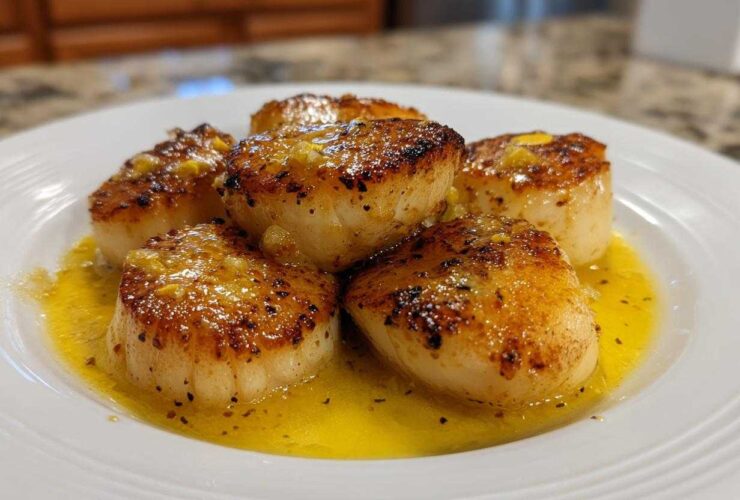 Close-up of five golden-brown seared Garlic Butter Scallops with Lemon resting in bright yellow butter sauce on a white plate.