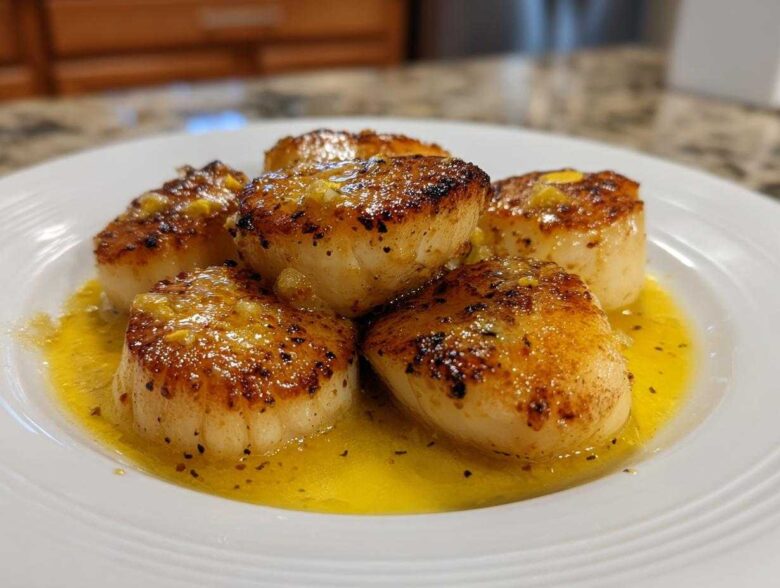 Close-up of five golden-brown seared Garlic Butter Scallops with Lemon resting in bright yellow butter sauce on a white plate.
