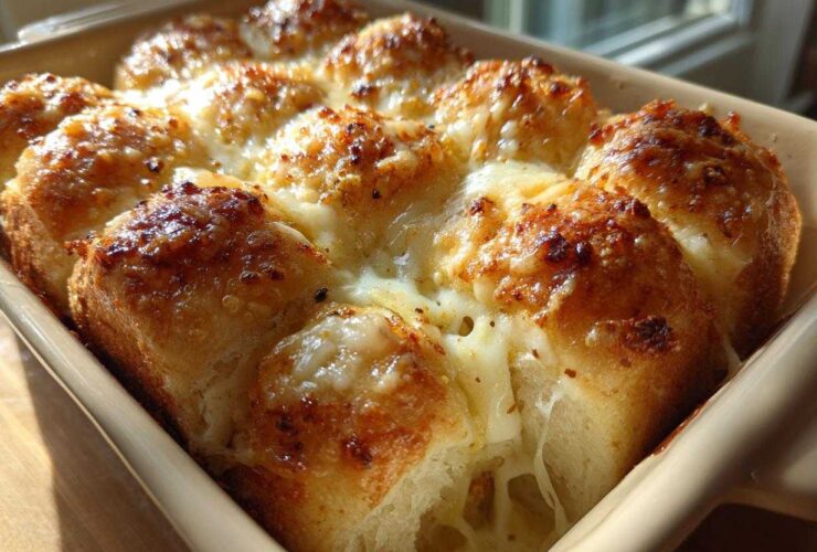 Close-up of freshly baked Garlic Parmesan Pull-Apart Bread with golden crust and melted, gooey cheese.
