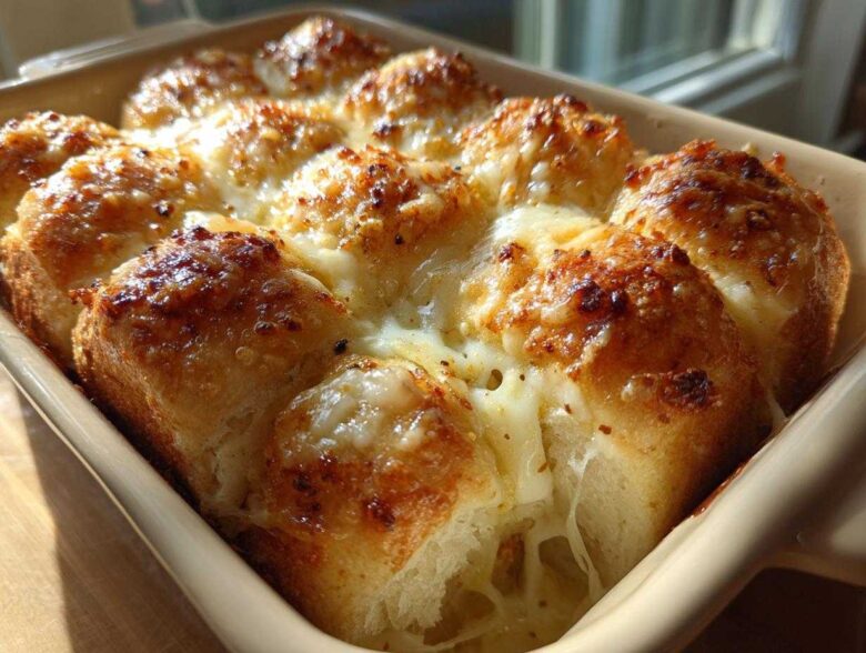 Close-up of freshly baked Garlic Parmesan Pull-Apart Bread with golden crust and melted, gooey cheese.