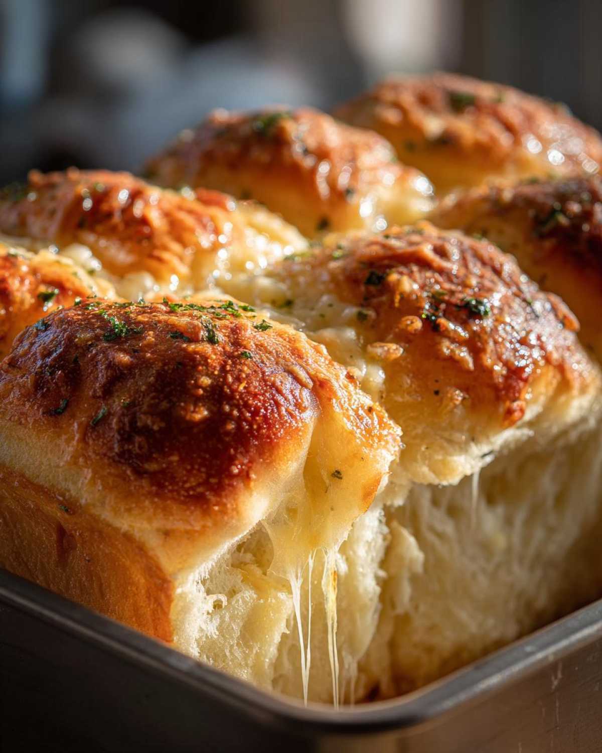Close-up of golden-brown Garlic Parmesan Pull-Apart Bread with melted cheese stretching as a piece is pulled away.