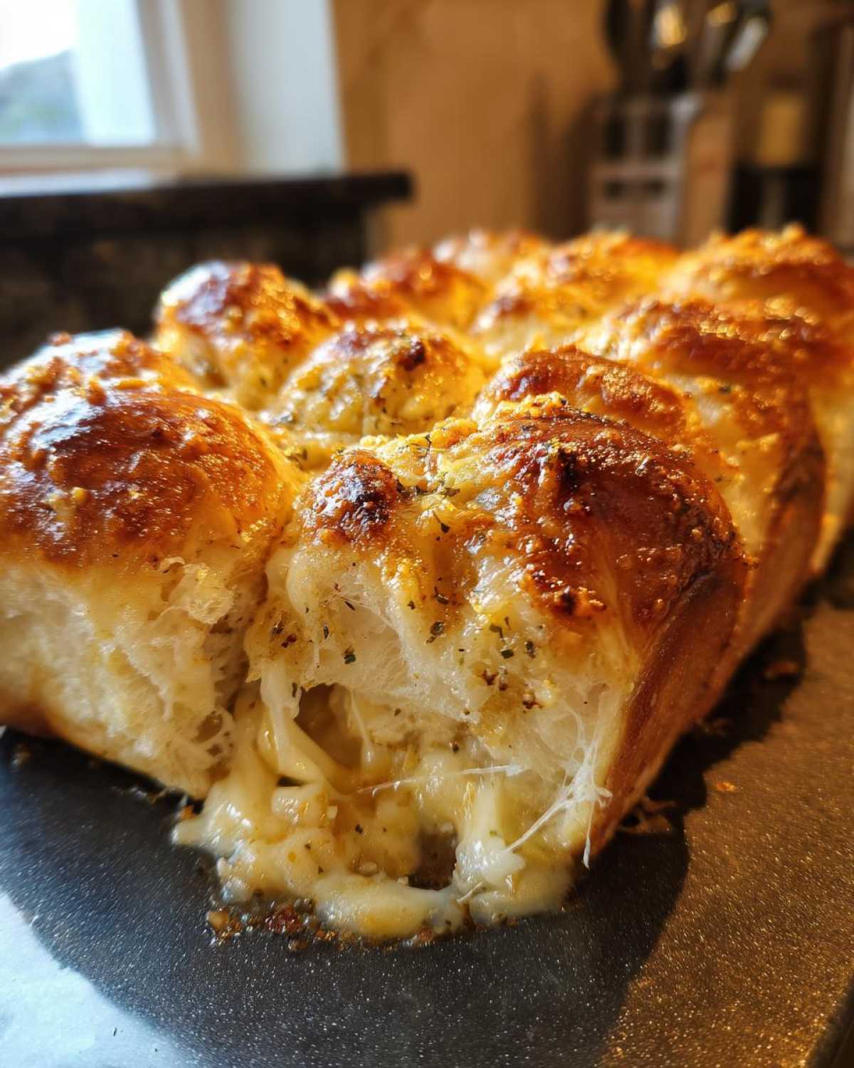 Close-up of cheesy Garlic Parmesan Pull-Apart Bread showing melted cheese stretching as a piece is pulled away.
