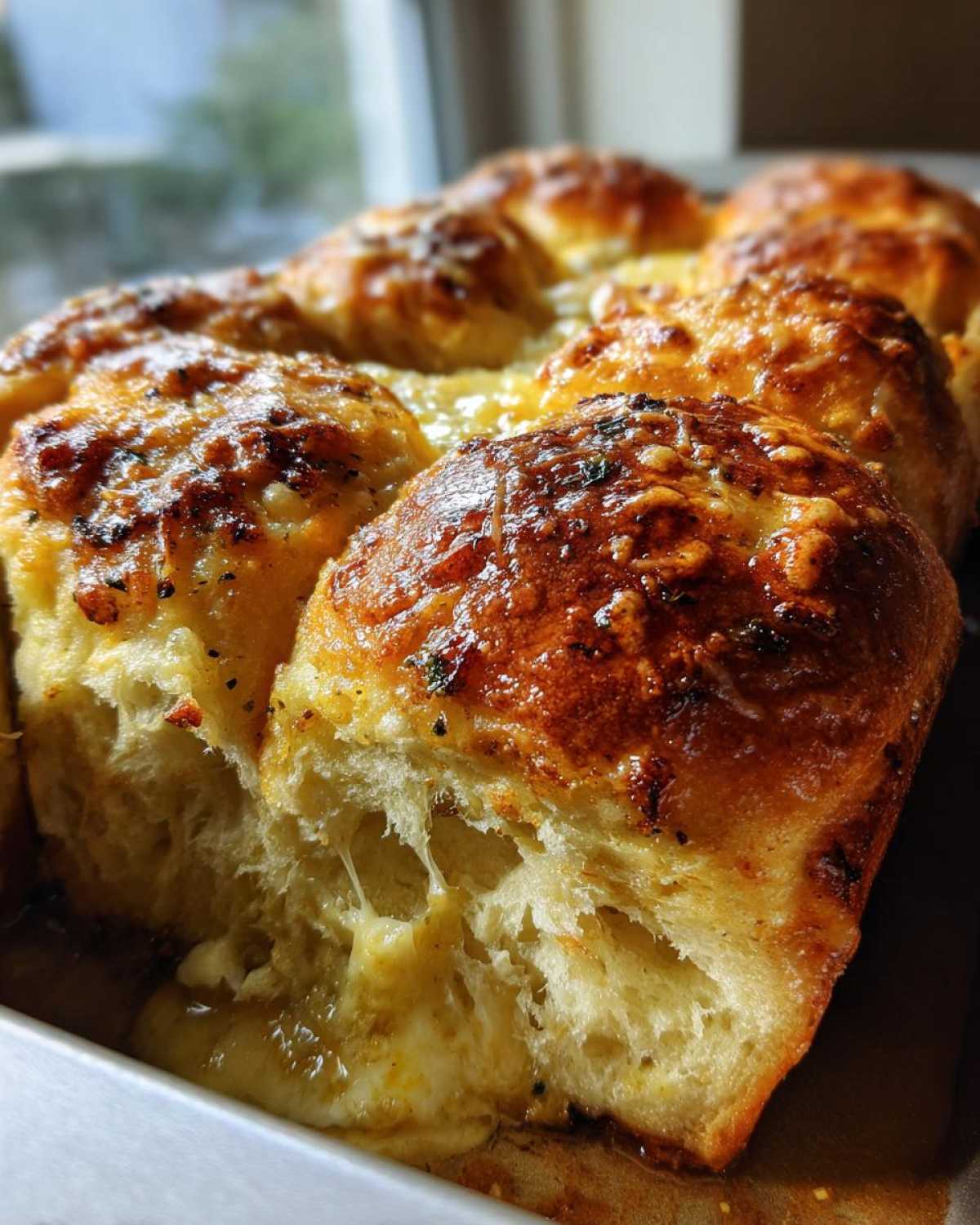 Close-up of golden brown Garlic Parmesan Pull-Apart Bread with melted, stringy cheese oozing out.