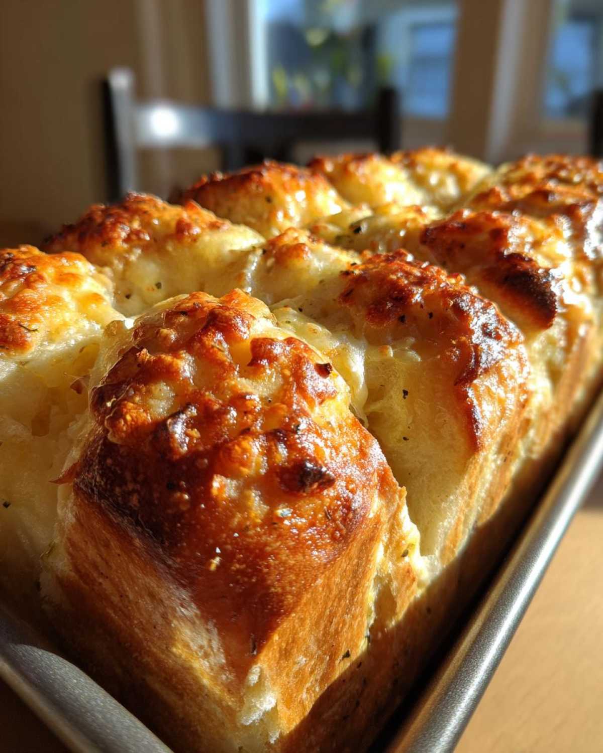 Close-up of freshly baked Garlic Parmesan Pull-Apart Bread with melted, browned cheese topping in a metal loaf pan.