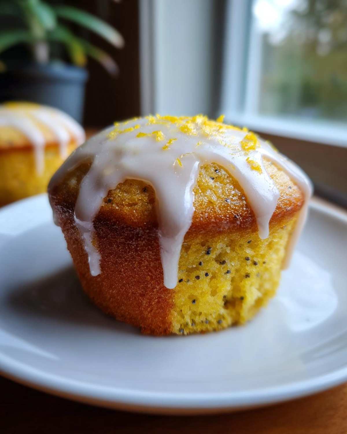A close-up of a single Glazed Lemon Poppy Seed Muffin topped with white icing and lemon zest.