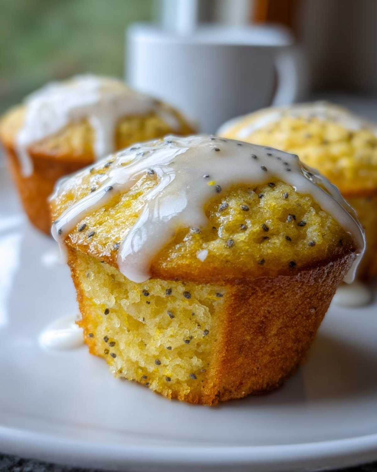 Close-up of a freshly baked Glazed Lemon Poppy Seed Muffin topped with white icing and poppy seeds.