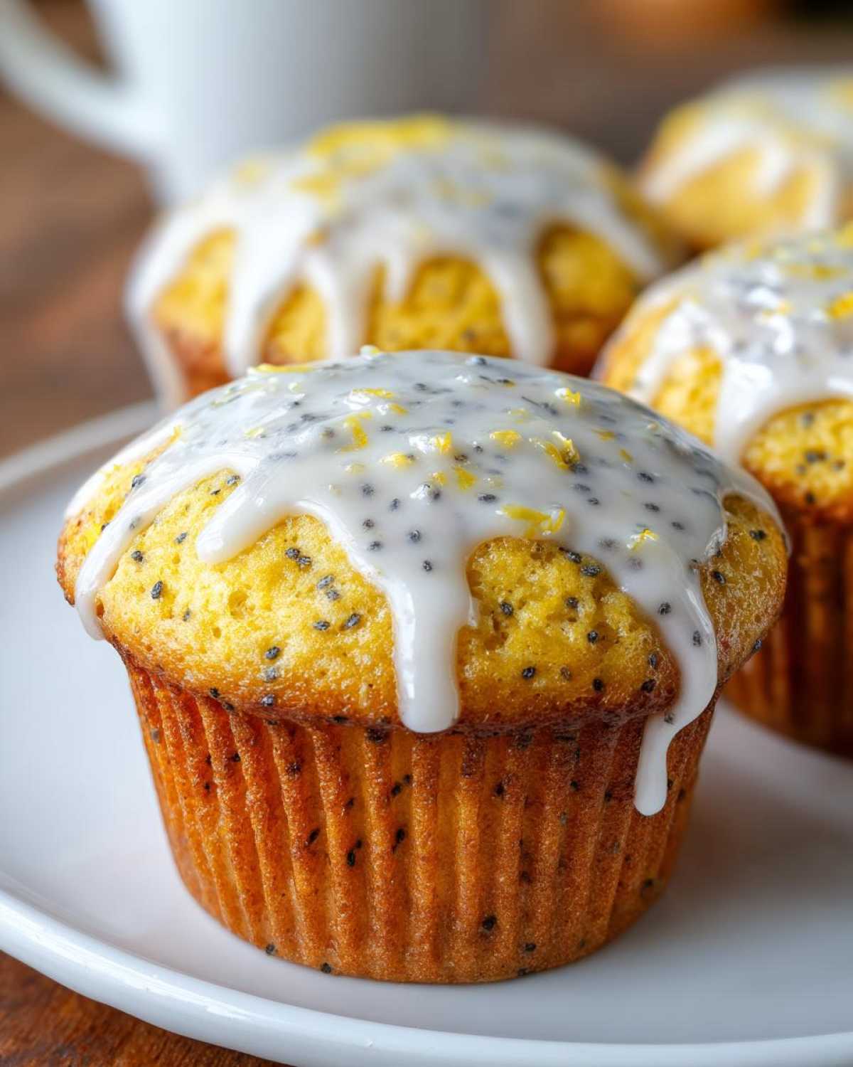 Close-up of a Glazed Lemon Poppy Seed Muffin topped with thick white icing and lemon zest.