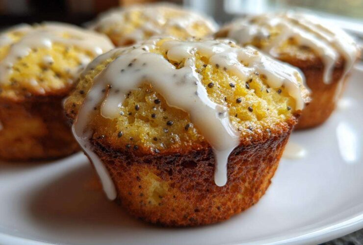 Close-up of a freshly baked Glazed Lemon Poppy Seed Muffin with thick white icing dripping down the side.