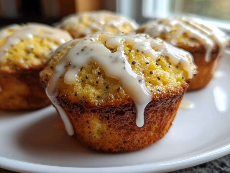 Close-up of a freshly baked Glazed Lemon Poppy Seed Muffin with thick white icing dripping down the side.