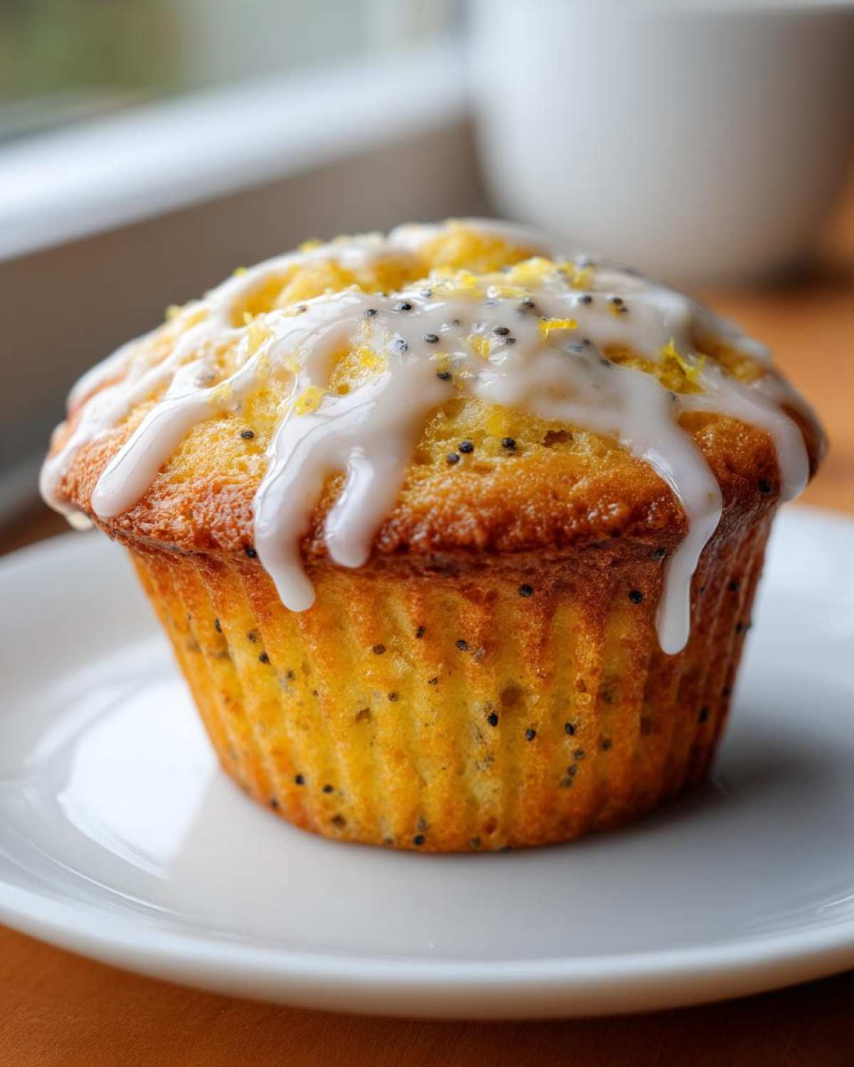 A single Glazed Lemon Poppy Seed Muffin topped with white icing and lemon zest.