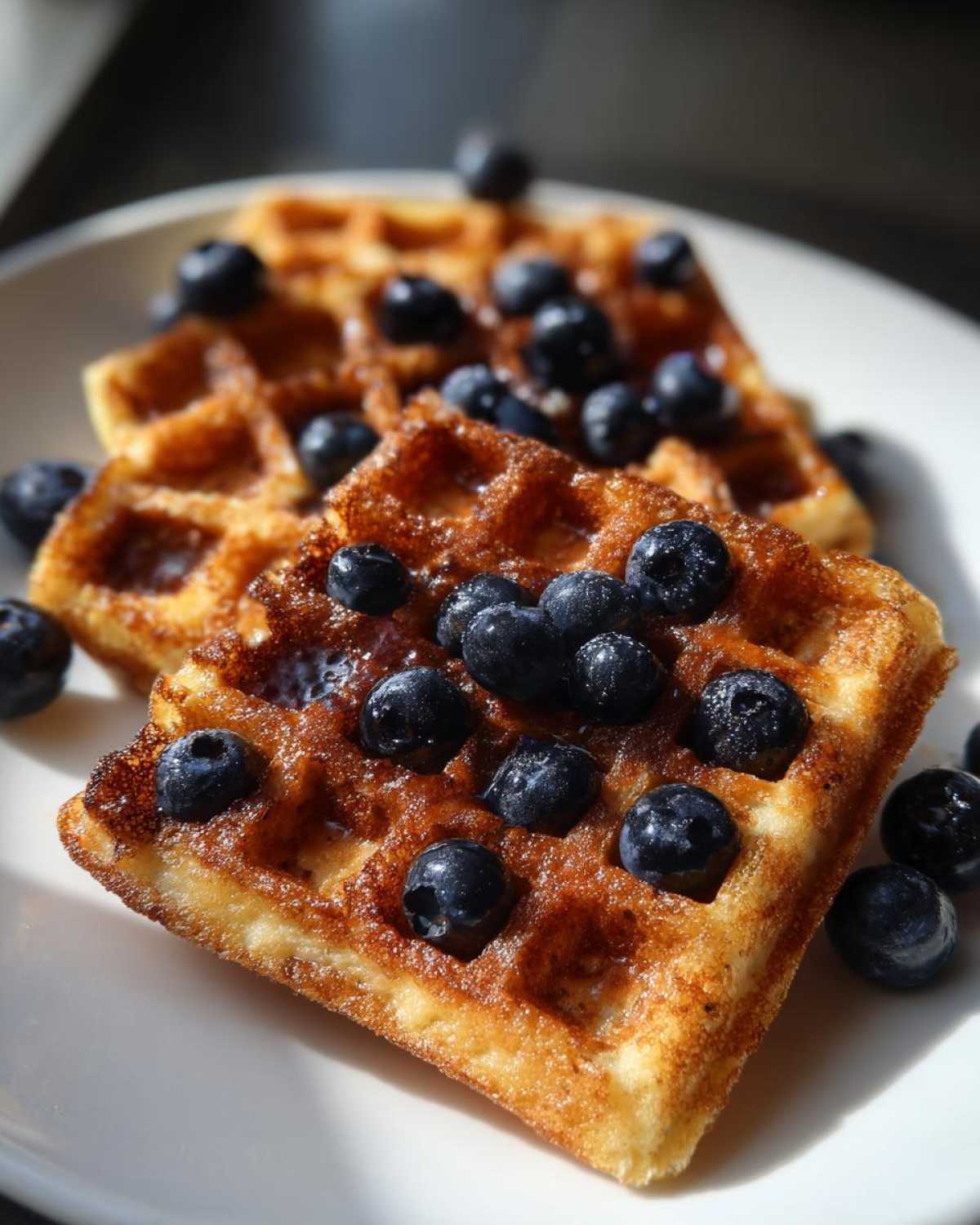 Close-up of golden brown Gluten-Free Blueberry Waffles topped generously with fresh blueberries and syrup.