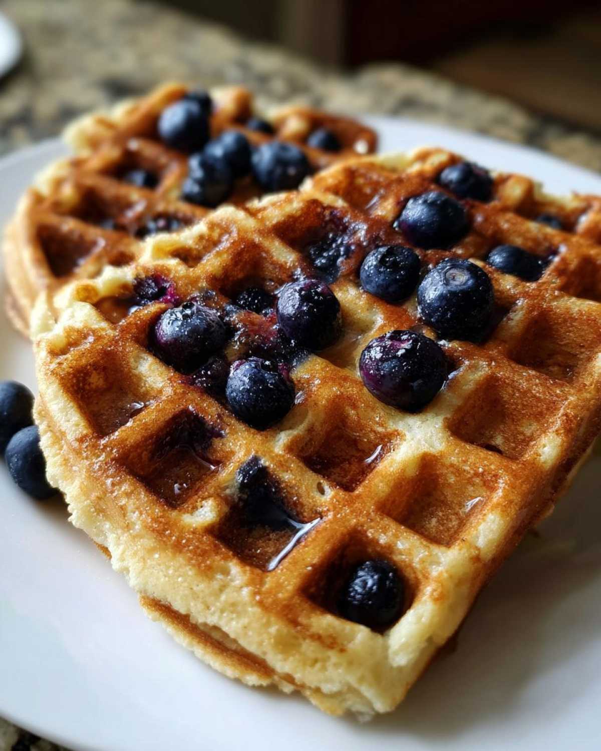Close-up of golden brown Gluten-Free Blueberry Waffles topped with fresh blueberries and syrup on a white plate.