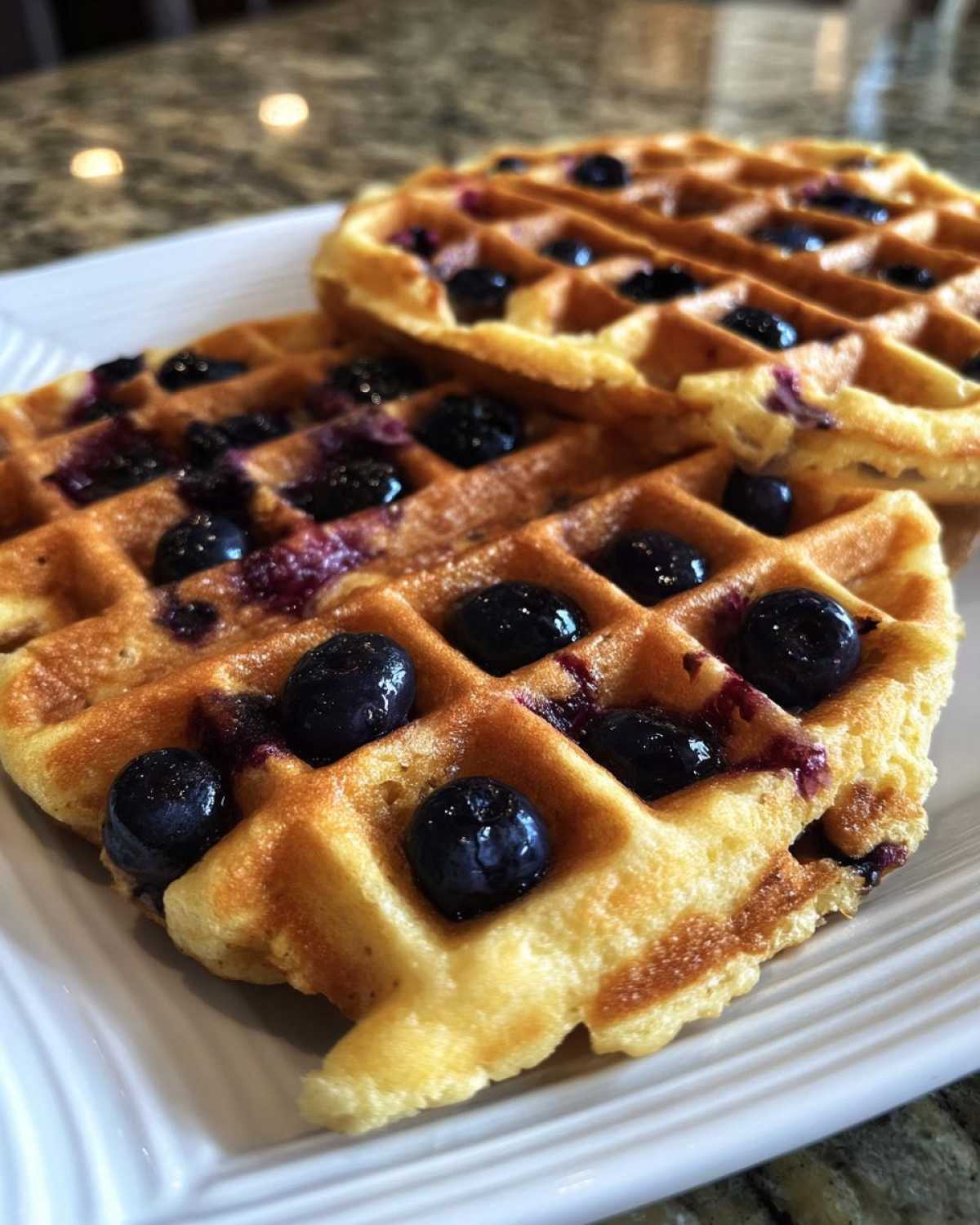 Close-up of two golden Gluten-Free Blueberry Waffles stacked on a white plate, featuring plump blueberries.