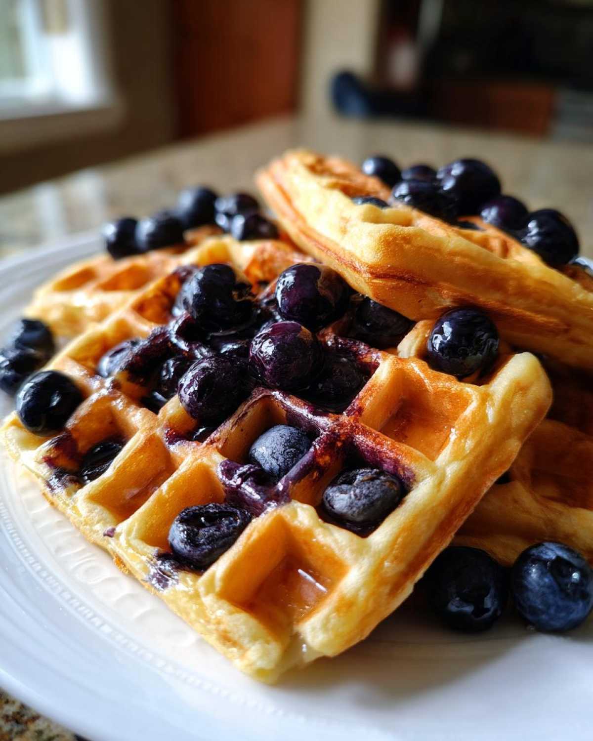 Close-up of golden Gluten-Free Blueberry Waffles topped generously with fresh blueberries and syrup.