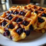 Close-up of golden Gluten-Free Blueberry Waffles stacked on a white plate, drizzled with syrup and bursting with blueberries.