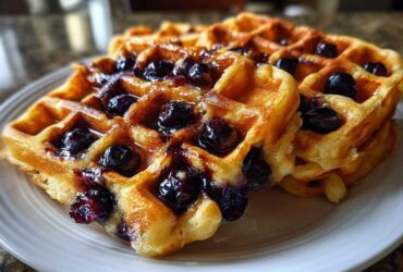 Close-up of golden Gluten-Free Blueberry Waffles stacked on a white plate, drizzled with syrup and bursting with blueberries.