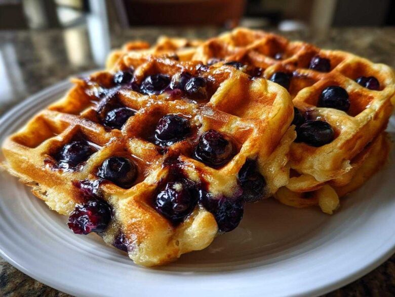 Close-up of golden Gluten-Free Blueberry Waffles stacked on a white plate, drizzled with syrup and bursting with blueberries.