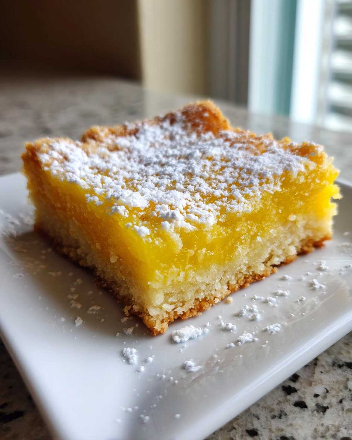 A single, square Gluten-Free Lemon Bar with a thick, bright yellow filling and shortbread crust, dusted with powdered sugar.