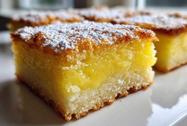 A close-up of a square Gluten-Free Lemon Bars with Shortbread Crust, topped with powdered sugar.