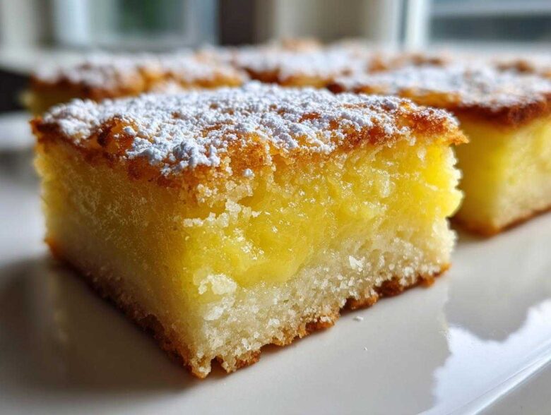 A close-up of a square Gluten-Free Lemon Bars with Shortbread Crust, topped with powdered sugar.