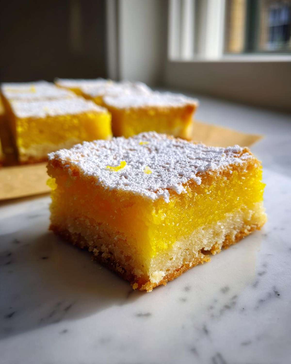 Close-up of a square Gluten-Free Lemon Bar with a thick shortbread crust, topped with powdered sugar.