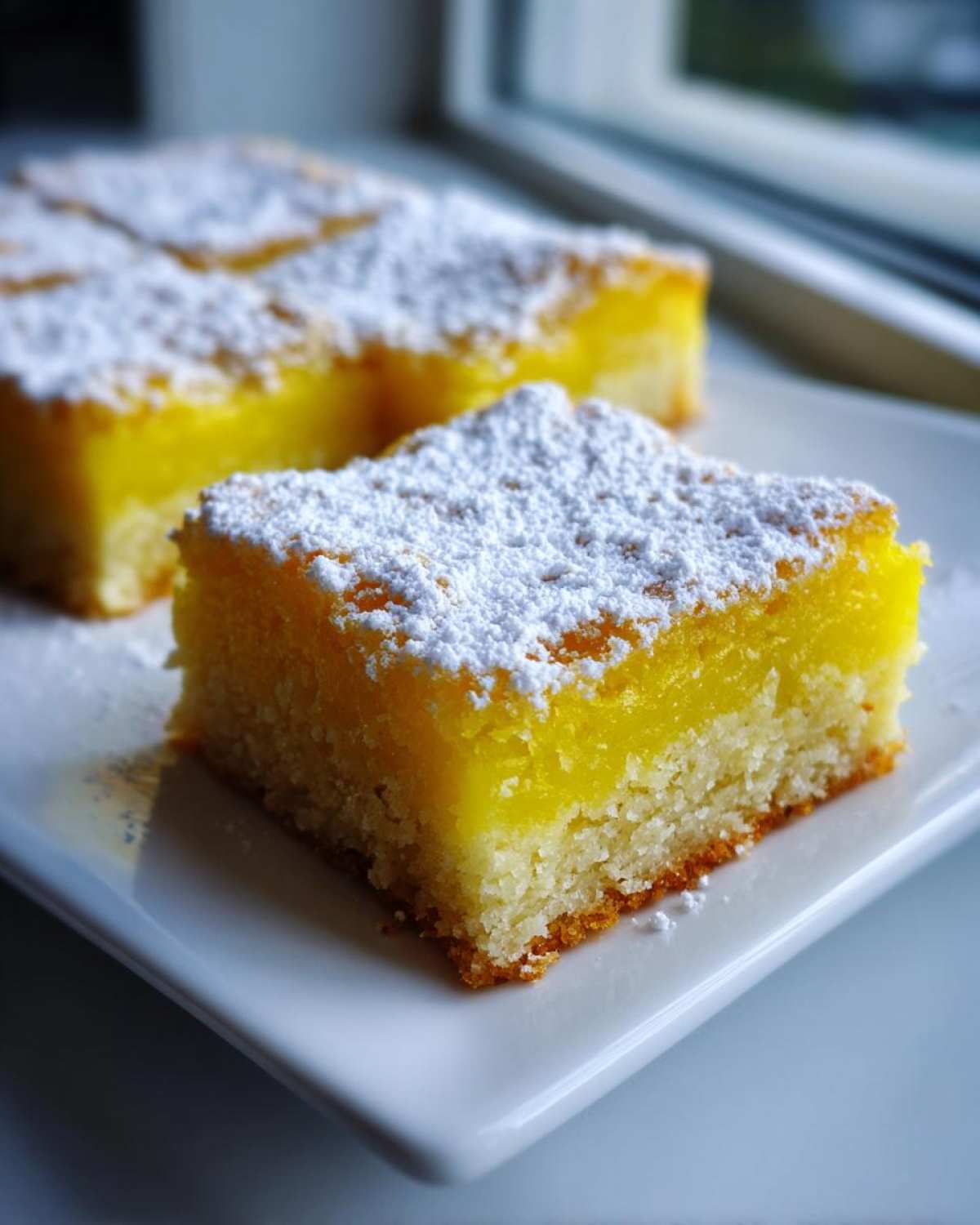 A close-up of a square Gluten-Free Lemon Bar with a bright yellow filling and shortbread crust, dusted with powdered sugar.