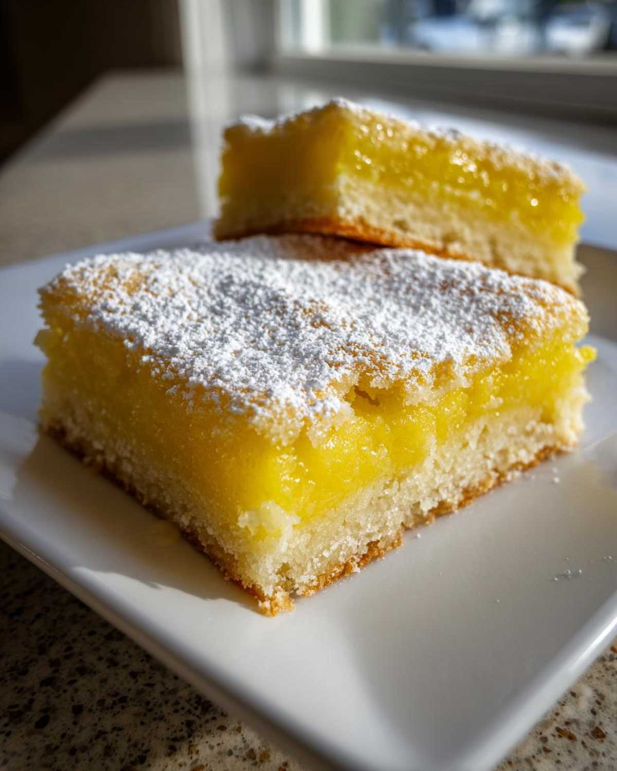 Two squares of bright yellow Gluten-Free Lemon Bars with shortbread crust, dusted with powdered sugar.