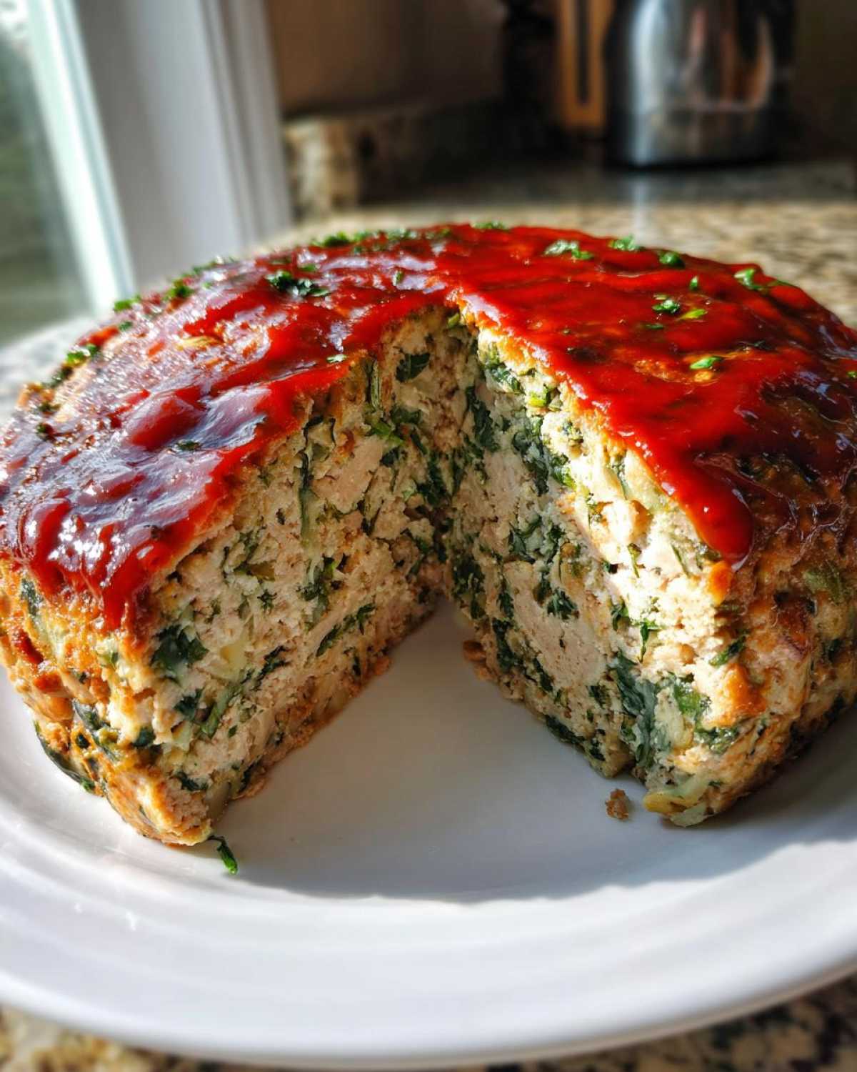 Cross-section view of a round Healthy Turkey Spinach Meatloaf topped with a shiny red glaze and fresh parsley.