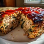 Cross-section view of a moist Healthy Turkey Spinach Meatloaf topped with a rich red glaze.