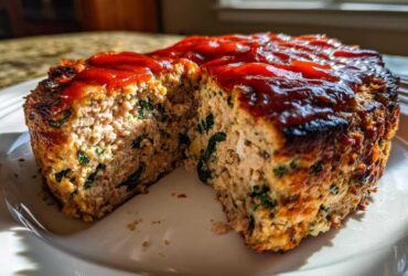 Cross-section view of a moist Healthy Turkey Spinach Meatloaf topped with a rich red glaze.