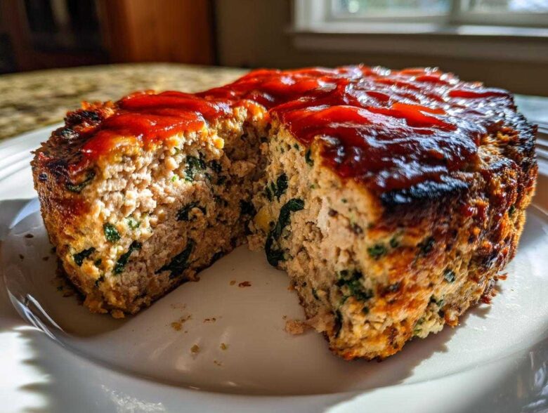 Cross-section view of a moist Healthy Turkey Spinach Meatloaf topped with a rich red glaze.