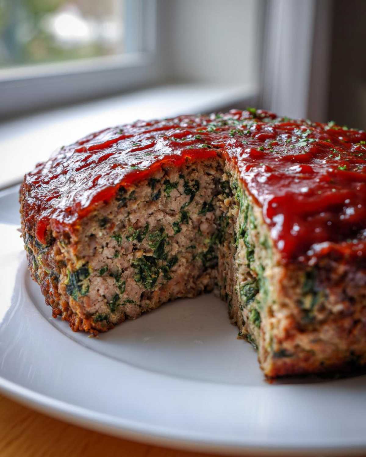 A round Healthy Turkey Spinach Meatloaf with a slice removed, topped with a bright red glaze and parsley.